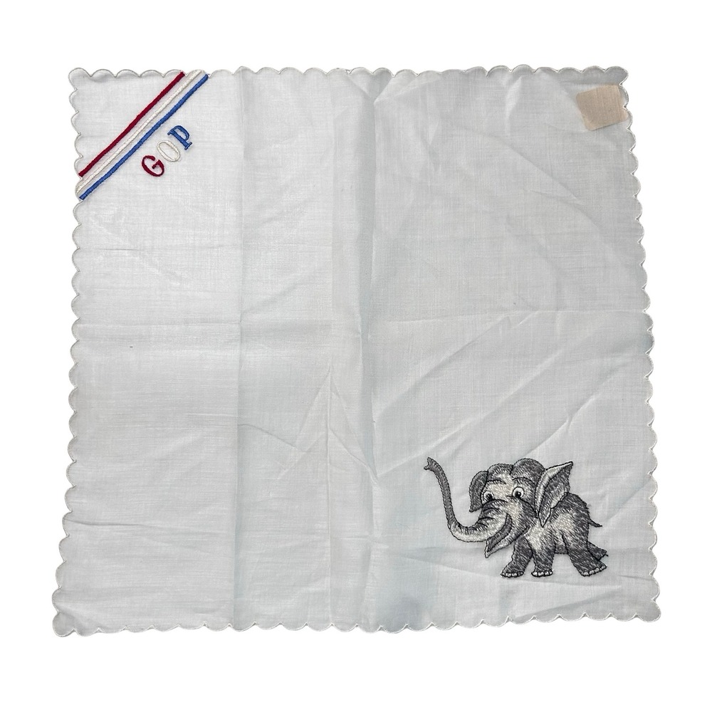 Vintage Macy's GOP Republican Elephant Embroidered White Handkerchief Scalloped